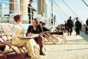 Leonardo DiCaprio and Kate Winslet star in "Titanic"