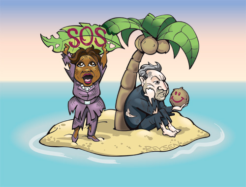 Illustration by Nate Reysen, Oprah and Al Gore stranded on an island